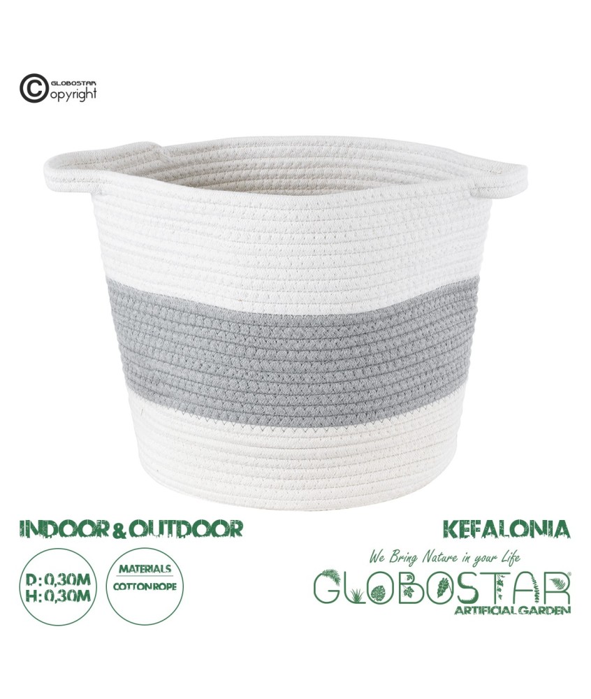 GloboStar® Artificial Garden KEFALONIA 20320 Διακοσμητικό Πλεκτό Καλάθι - Κασπώ Γλάστρα - Flower Pot Γκρι με Λευκό Φ30cm x Υ30cm